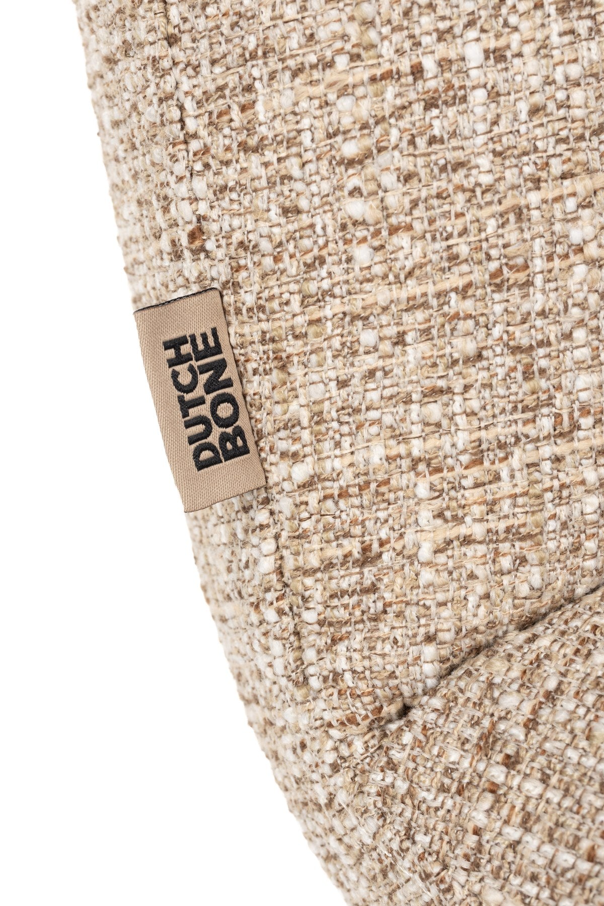 Beige gepolsterter Barstuhl mit Armlehne von Dutchbone, runde Form, Polyester-Sitzfläche und drehbares Stahlgestell im Bar-Design.