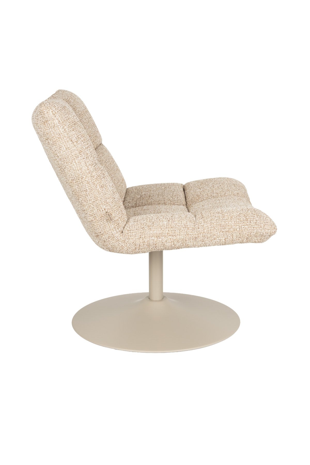 Beige gepolsterter Barstuhl mit Armlehne von Dutchbone, runde Form, Polyester-Sitzfläche und drehbares Stahlgestell im Bar-Design.