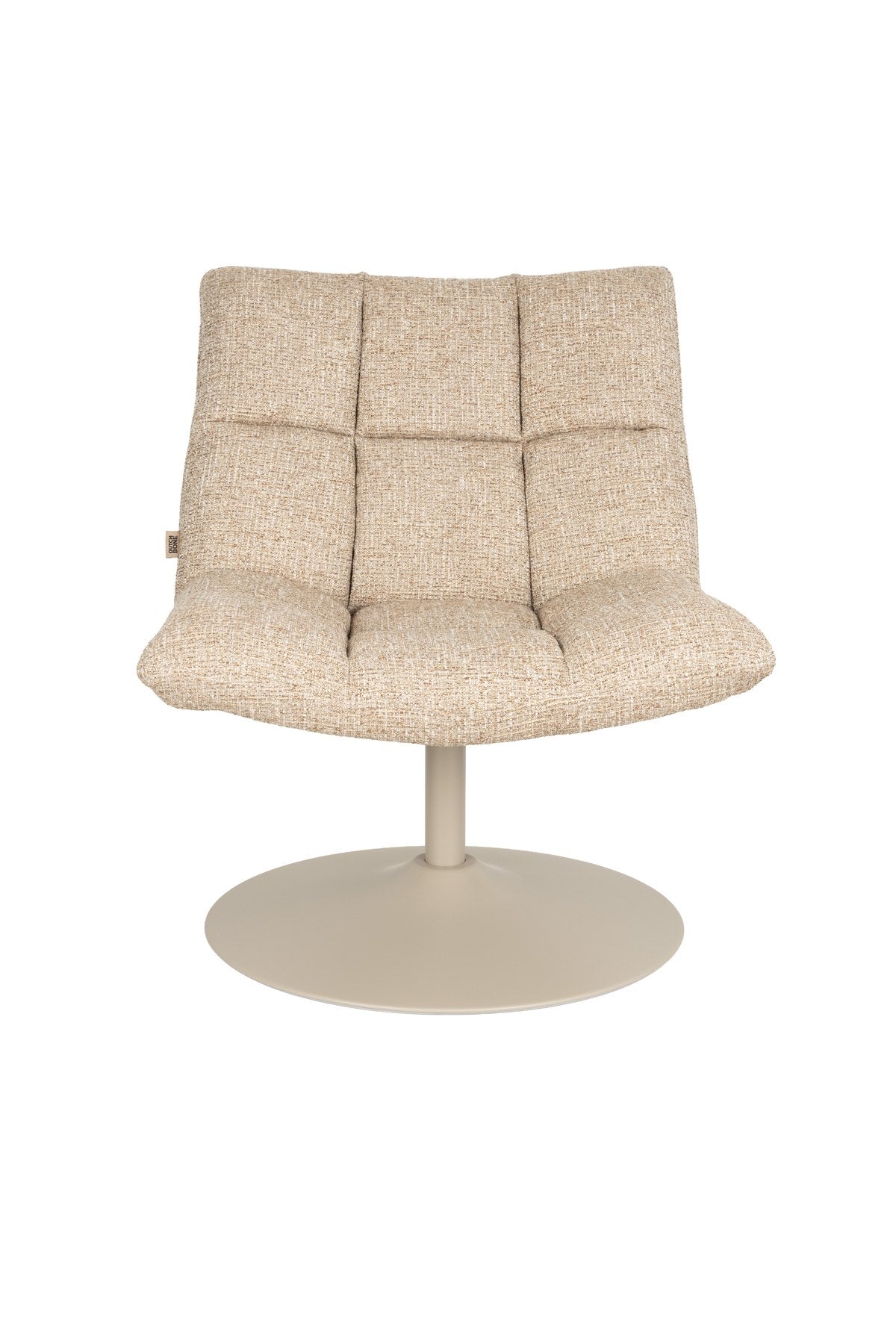 Beige gepolsterter Barstuhl mit Armlehne von Dutchbone, runde Form, Polyester-Sitzfläche und drehbares Stahlgestell im Bar-Design.