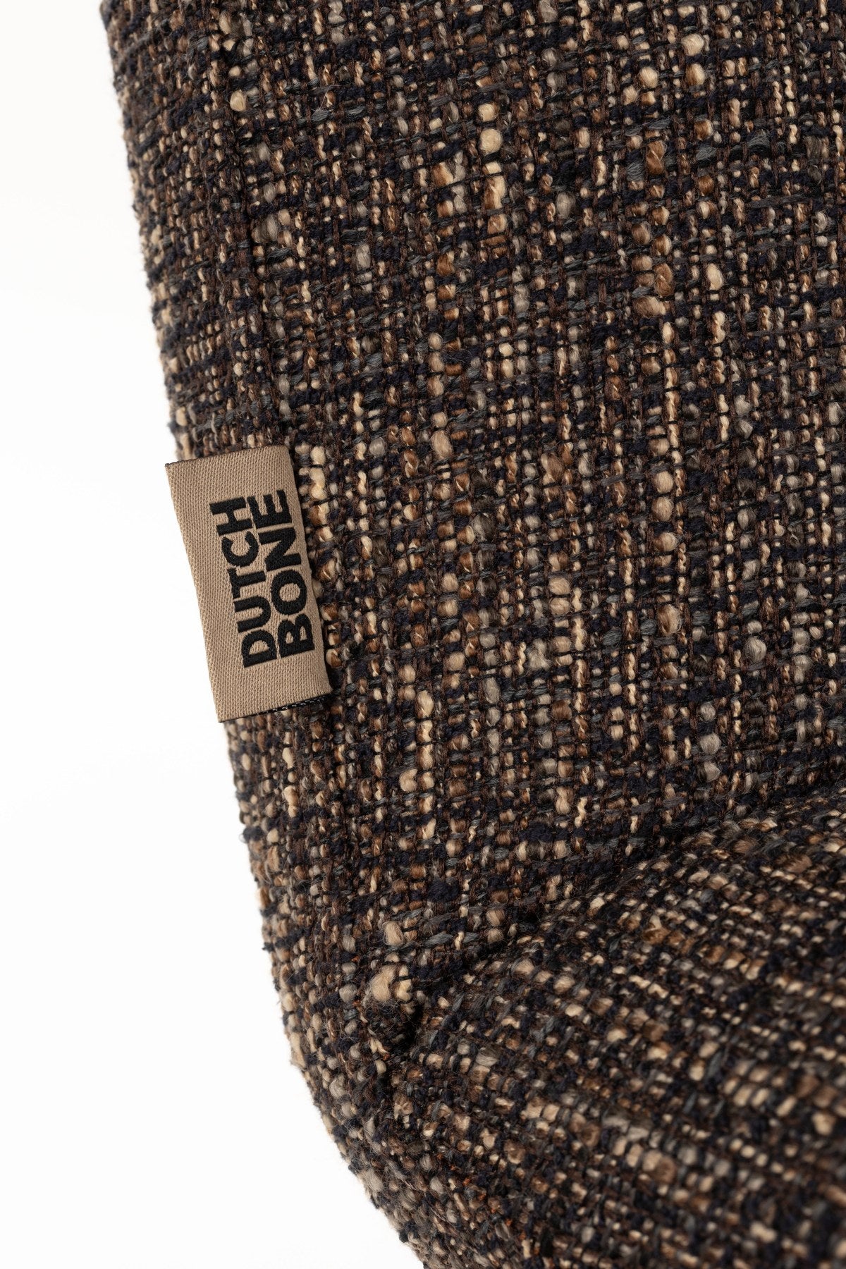 Gepolsterter Barstuhl mit Armlehne in Dunkelbraun, Sitzfläche aus Eukalyptusholz und Polyester, drehbares Gestell aus Stahl.