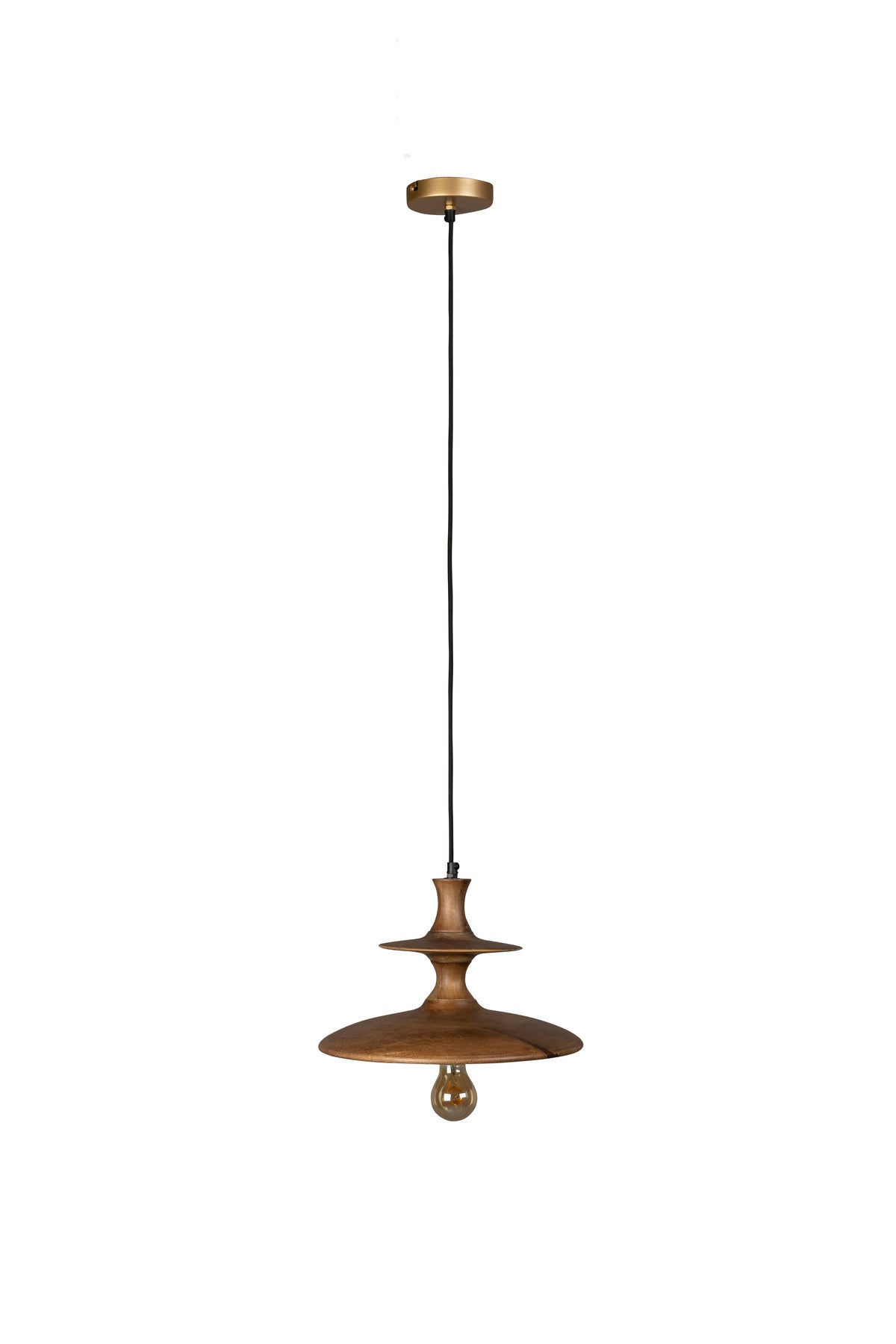 Runde Pendelleuchte Cath S von Dutchbone mit Schirm aus Mangoholz in Walnuss und schwarzem Kabel