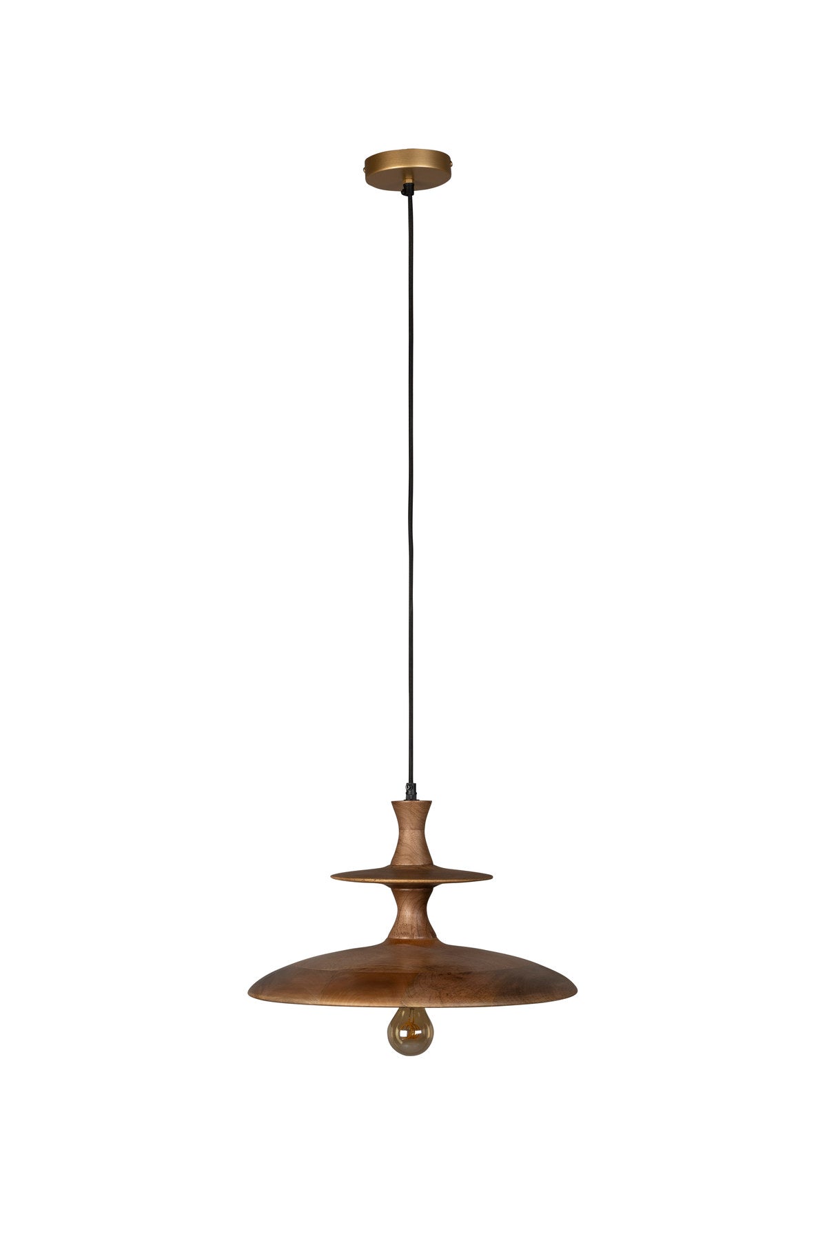 Runde Pendelleuchte Cath L von Dutchbone, Mangoholz in Walnuss, mit schwarzem Kabel