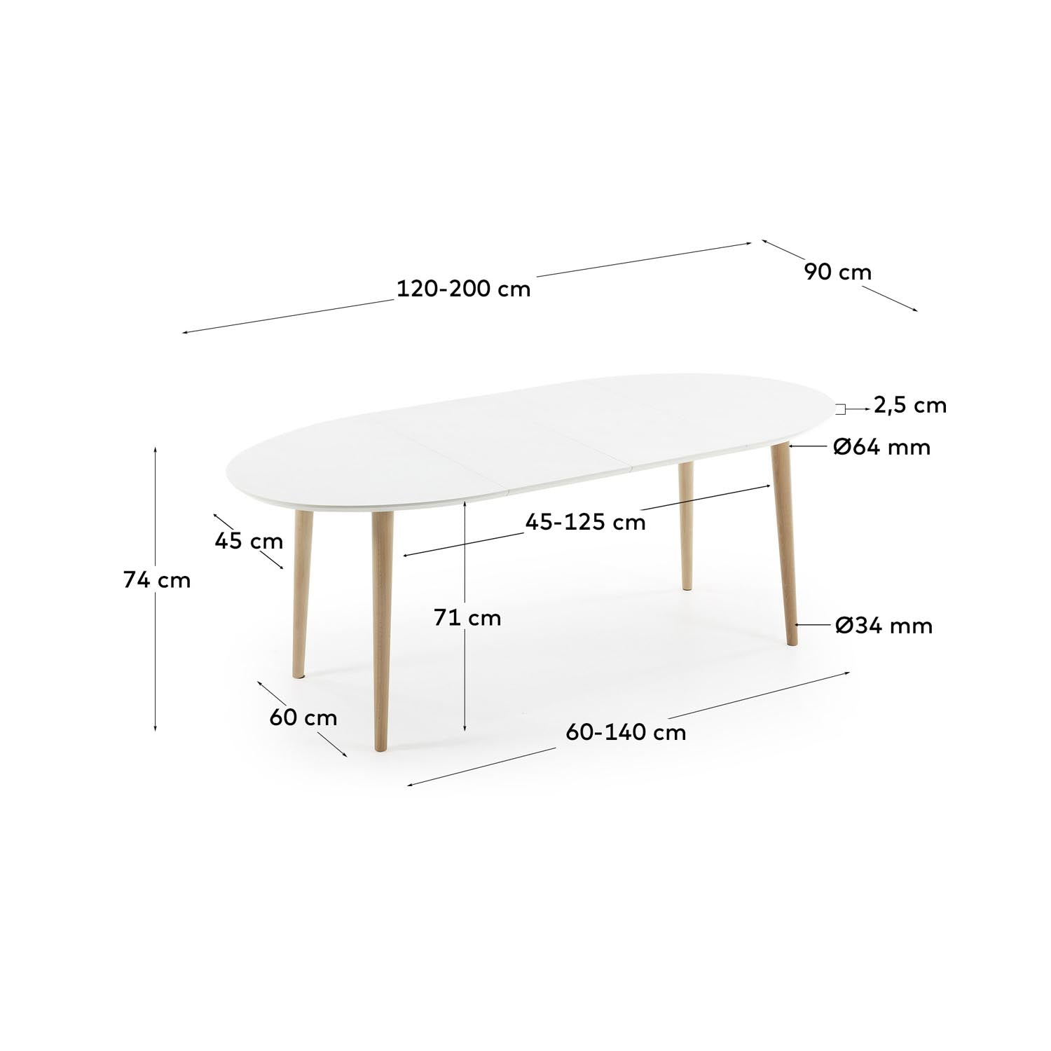 Eleganter, ovaler Ausziehtisch von Kave Home: Weiss lackiertes MDF, massive Buchenbeine, 120-200 cm, stilvoll und funktional.