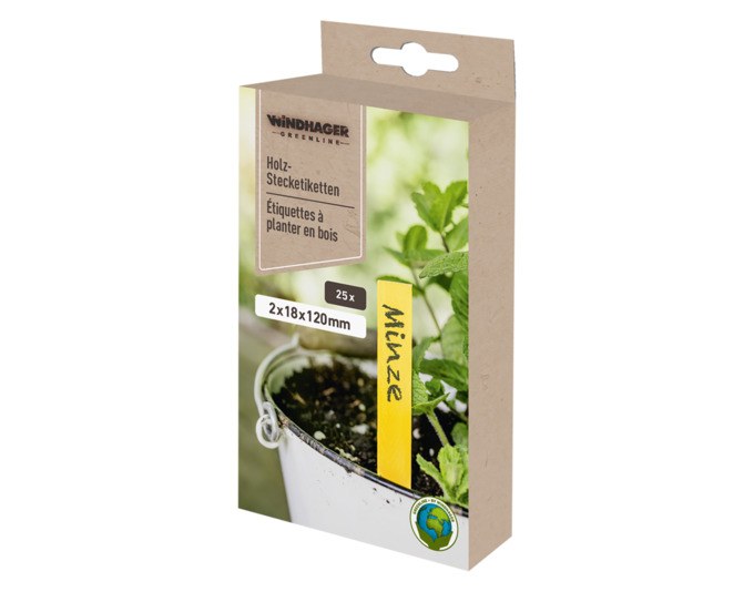 Set aus 25 gelben Holz-Stecketiketten von WINDHAGER, schmale Stäbchen mit glatter Oberfläche zur Beschriftung von Pflanzen im Garten.