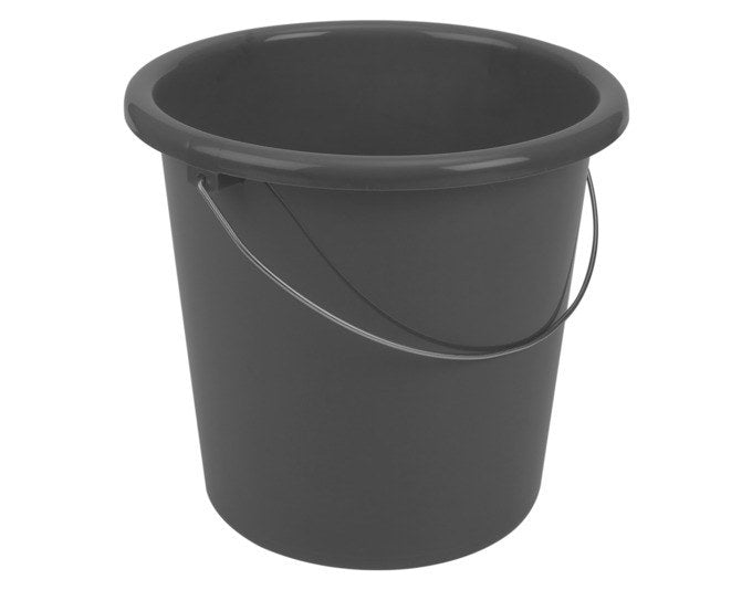 Anthrazitfarbener Kunststoffeimer von EBNAT mit 10 Liter Fassungsvermögen, Literskala und Metall-Drahtbügel, Durchmesser 29 cm.