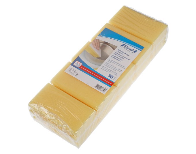 Zehn gelb-weisse EBNAT Reinigungsschwämme aus Polyurethan und Polyester mit weissem, nicht abrasivem Pad und ergonomischer Griffmulde