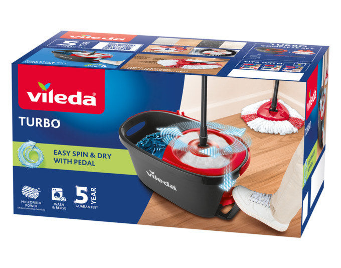 VILEDA Mop Set Turbo Easy Spin & Dry in Rot und Schwarz: Eimer in ergonomischer Form mit Mop und 2in1 Bezug für die Bodenreinigung.