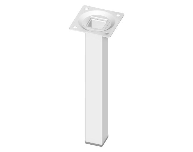 Weisser eckiger Stahlrohr-Möbelfuss, 25x25 mm, 20 cm hoch, mit quadratischer Befestigungsplatte und Regulierschraube, pulverbeschichtet in RAL 9001.