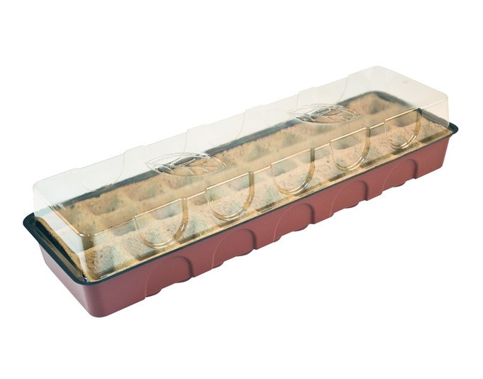 Braunes Fensterbank-Treibhaus aus recyceltem Kunststoff mit 30 Anzuchttöpfen und Lüftungsklappen im Blatt-Design, Masse 54.5x16.5x11 cm.