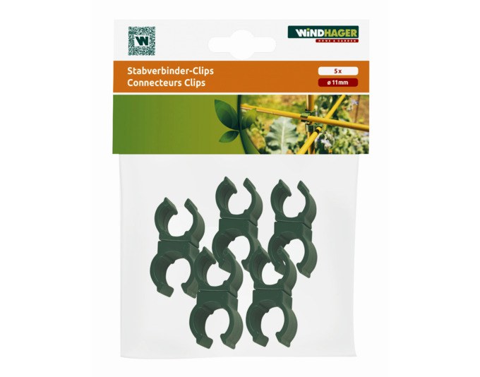 Fünf grüne Stabverbinder-Clips aus Hartkunststoff mit 360° Steckverbindung, Grösse 1.5x1.1x1.1 cm, Höhe 14.5 cm, in Verkaufsverpackung.