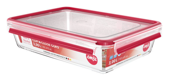 EMSA Dose Glas Clip&Close rechteckig 3.0l in Transparent, Rot präsentiert im Onlineshop von KAQTU Design AG. Frischhaltedose ist von EMSA