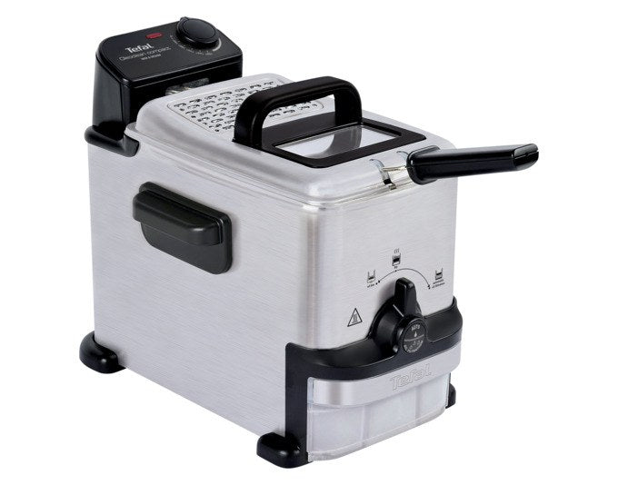 Produktfoto der TEFAL Fritteuse Oleoclean Compact in Edelstahl/Silber mit geschlossenem Deckel, Sichtfenster und abnehmbarem Frittierbehälter.
