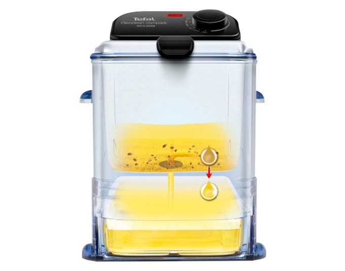 Produktfoto der TEFAL Fritteuse Oleoclean Compact in Edelstahl/Silber mit geschlossenem Deckel, Sichtfenster und abnehmbarem Frittierbehälter.