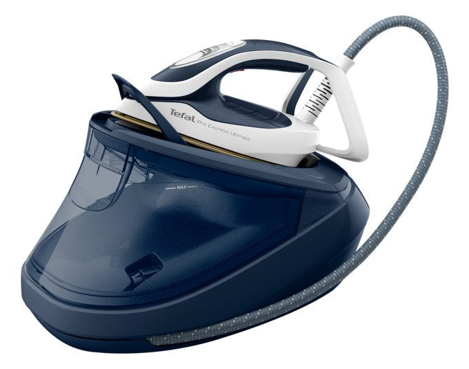 Weisse und blaue TEFAL Dampfstation Pro Express Ultimate II mit Bügeleisen, Wassertank und Bedienfeld am Griff auf Standfläche.