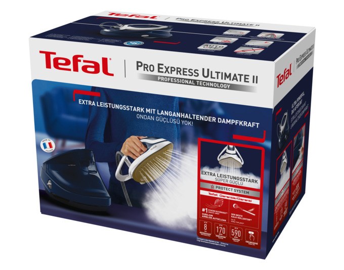 Weisse und blaue TEFAL Dampfstation Pro Express Ultimate II mit Bügeleisen, Wassertank und Bedienfeld am Griff auf Standfläche.