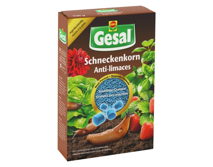 Verpackung der GESAL Schneckenkörner 750 g in Braun, Insektenabwehr-Produkt zum Ausstreuen auf dem Gartenboden gegen Schnecken.