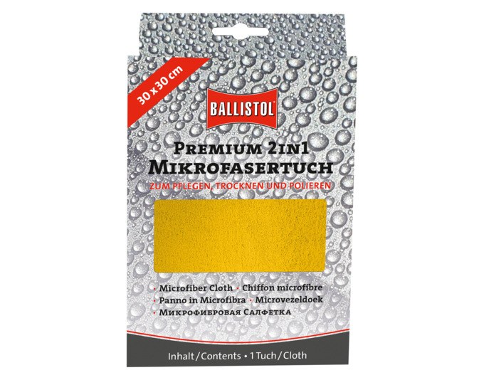Gelbes quadratisches Mikrofasertuch von BALLISTOL, 30x30 cm, mit glatter und hochfloriger Seite, aus Polyester und Polyamid.