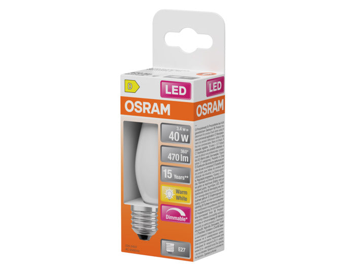 OSRAM LED-Lampe Retrofit Classic B E27 3.4W 470lm dimmable frosted Warm White in präsentiert im Onlineshop von KAQTU Design AG. Leuchtmittel ist von OSRAM