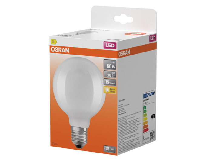 OSRAM LED-Lampe Retrofit Classic Globe E27 5.9W 806lm frosted Warm White in präsentiert im Onlineshop von KAQTU Design AG. Leuchtmittel ist von OSRAM