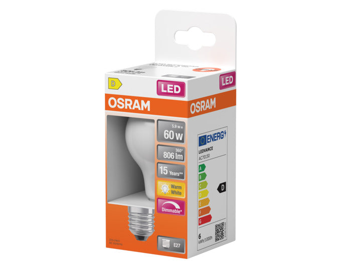 OSRAM LED-Lampe Retrofit Star Classic A E27 5.9W 806lm dimmable frosted Warm White in präsentiert im Onlineshop von KAQTU Design AG. Leuchtmittel ist von OSRAM