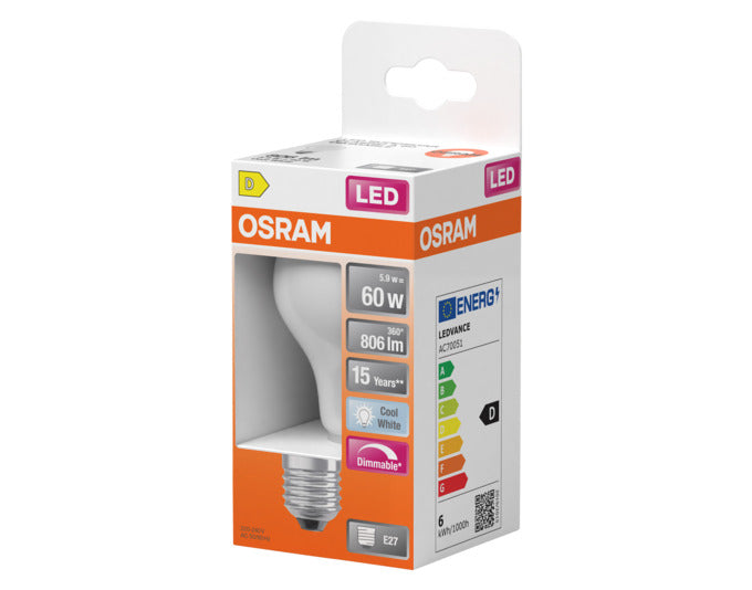 OSRAM LED-Lampe Retrofit Superstar Classic A E27 5.9W 806lm frosted Cool White in präsentiert im Onlineshop von KAQTU Design AG. Leuchtmittel ist von OSRAM