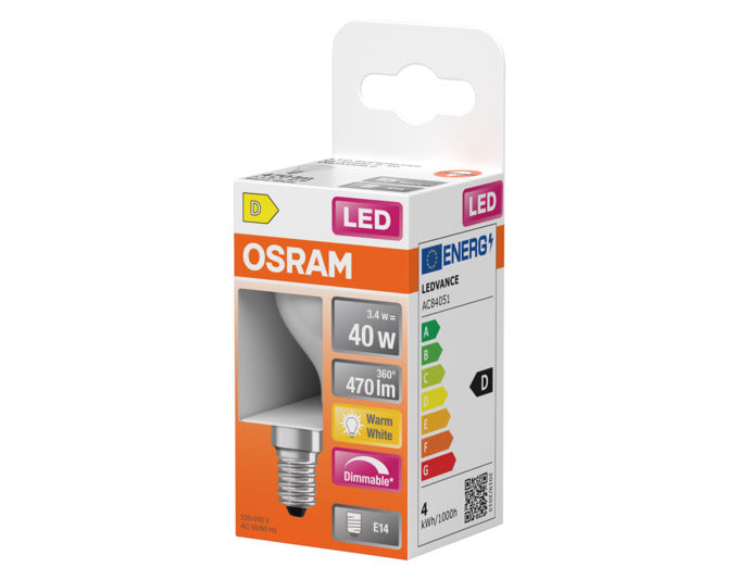 OSRAM LED-Lampe Retrofit Superstar Classic P E14 3.4W 470lm dimmable frosted Warm White in präsentiert im Onlineshop von KAQTU Design AG. Leuchtmittel ist von OSRAM