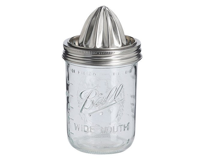 Runde Zitruspresse aus transparentem Kalk-Natron-Glas mit silbernem Edelstahldeckel und integriertem Presskegel, Ansicht von schräg vorne.