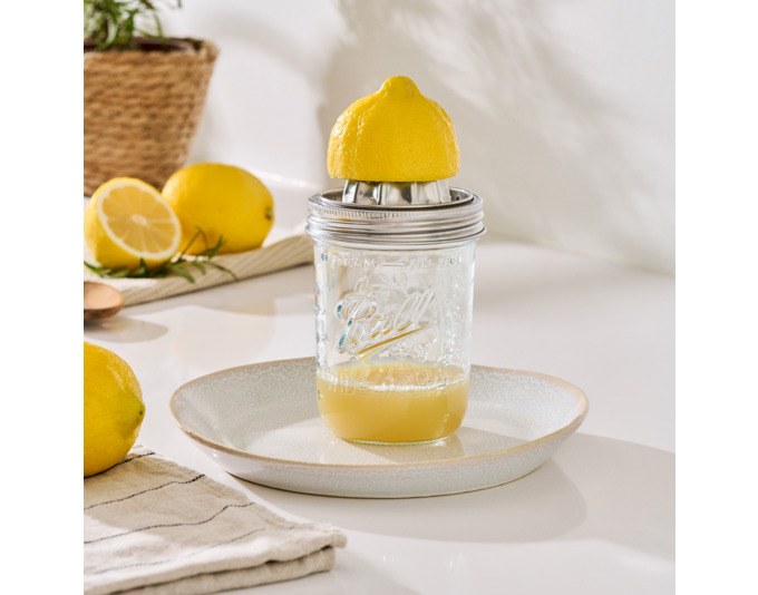 Runde Zitruspresse aus transparentem Kalk-Natron-Glas mit silbernem Edelstahldeckel und integriertem Presskegel, Ansicht von schräg vorne.
