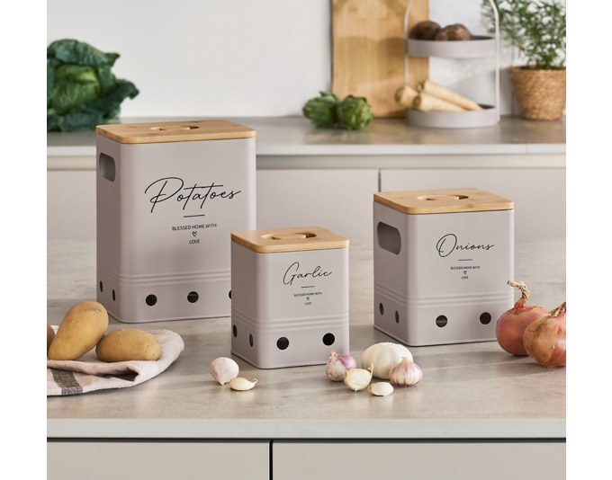Vorratsdose Garlic von ZELLER PRESENT in Greige, Behälter aus Eisen mit rundem Bambusdeckel, zylindrische Form, 1300 ml Fassungsvermögen.