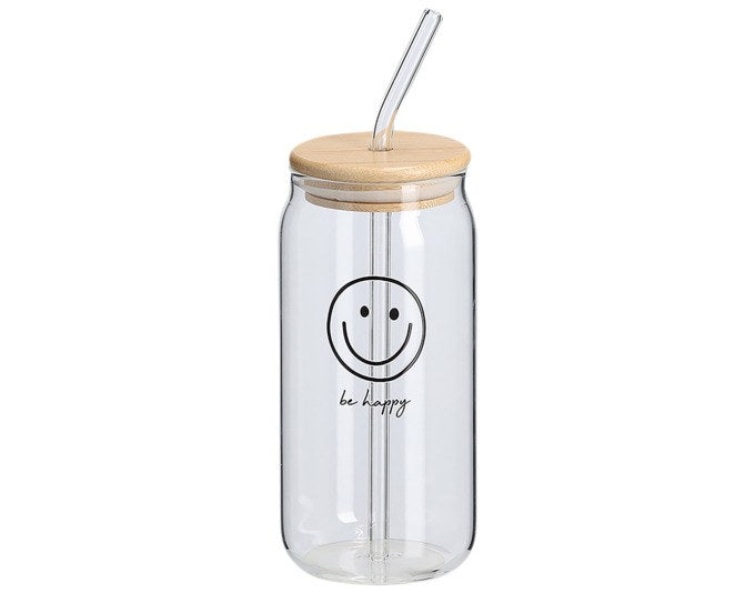 Transparentes Trinkglas mit rundem Bambusdeckel und Glastrinkhalm, 450 ml Fassungsvermögen, Höhe 15.5 cm, Durchmesser 7.5 cm, Farbton Natur/Braun.