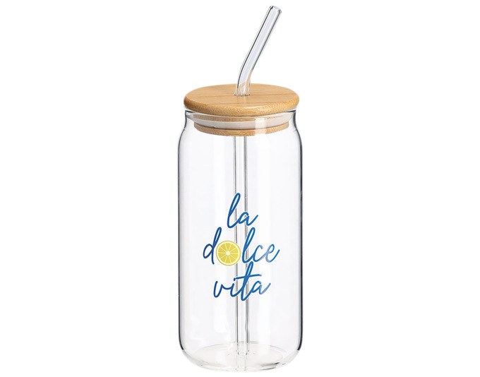 Transparentes Trinkglas mit Bambusdeckel aus Holz und Glastrinkhalm, Farben Natur und Braun, 450 ml, ø 7.5 cm, Höhe 15.5 cm.
