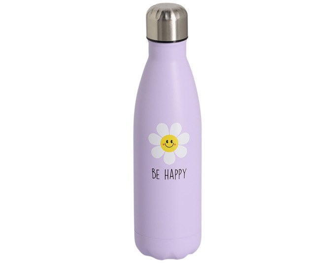 Trinkflasche aus Edelstahl in Flieder mit Blumenmuster, Fassungsvermögen 0.5 Liter, zylindrische Form mit Schraubverschluss.