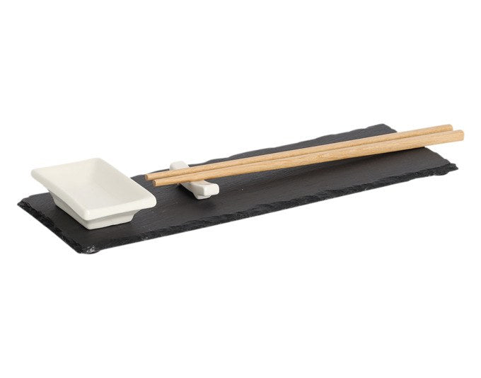 ZELLER Sushi-Set anthrazit 4-teilig mit Schieferplatte, Keramikschale und Bambusstäbchen, Grösse 30x10 cm, Farbe Anthrazit/Grau.