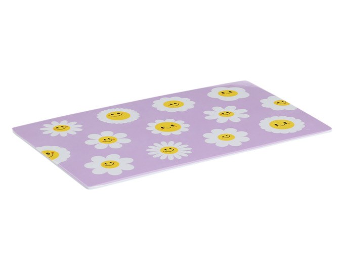 Frühstücksbrettchen aus Melamin in Flieder/Violett mit buntem Blumenmuster, rechteckige Form, Grösse 23.3x14.3x0.3 cm, Ansicht von oben.