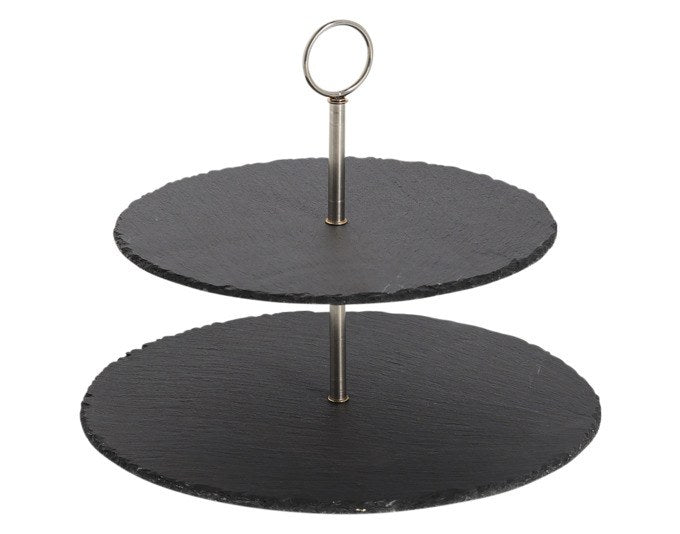Zweistöckige Etagere mit runden Schieferplatten in Anthrazit und Grau, verbunden durch eine Metallhalterung, auf rutschfestem Boden.