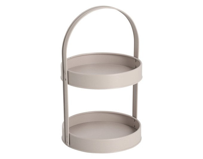Zweistufige Etagere aus Eisen in Greige und Grau mit rundem Tragebügel, zwei Ablageflächen für Tortenplatte oder Deko.