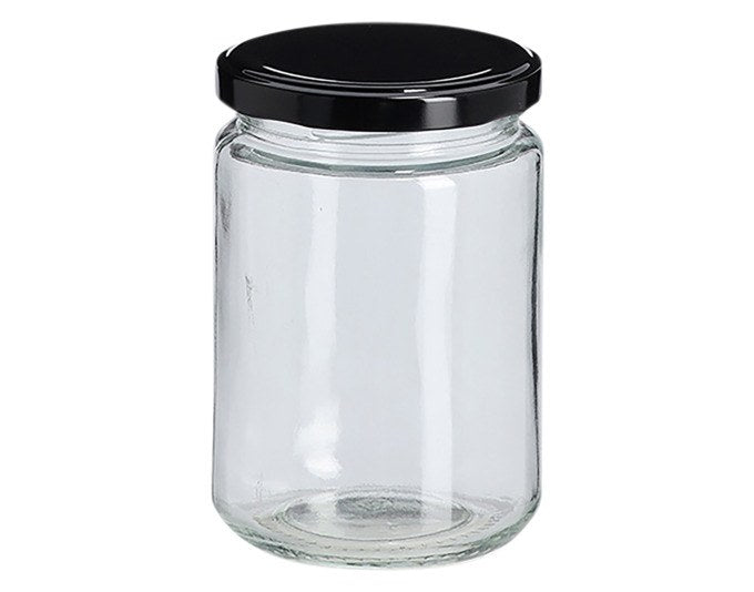 Transparentes Einmachglas mit schwarzem Metalldeckel, Fassungsvermögen 350 ml, Durchmesser 7.4 cm, Höhe 11 cm, von ZELLER PRESENT.