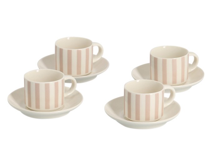 Espresso-Set aus Porzellan mit weiss-beige-braun gestreiftem Muster, bestehend aus vier Tassen und passenden Untertellern von ZELLER PRESENT.