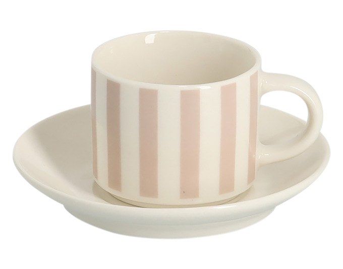 Espresso-Set aus Porzellan mit weiss-beige-braun gestreiftem Muster, bestehend aus vier Tassen und passenden Untertellern von ZELLER PRESENT.
