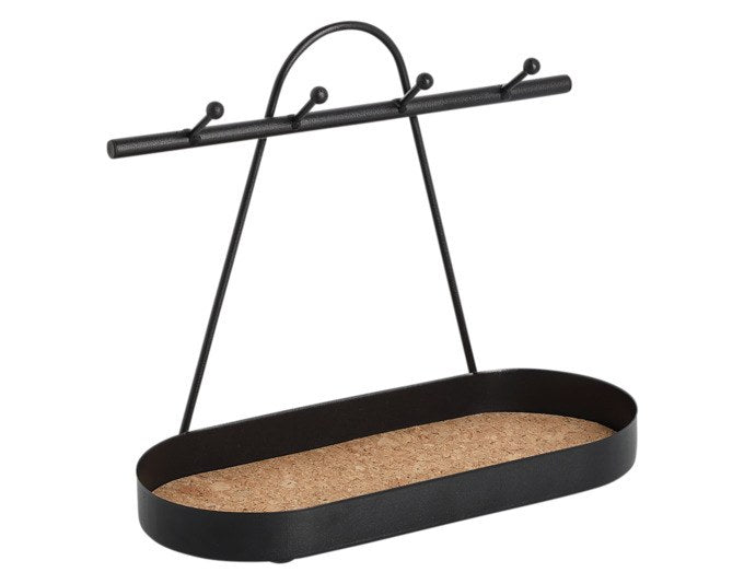 ZELLER Ablage mit Haken aus schwarzem Metall mit Korkbodenfläche, Wandmontage, Hakenleiste für Schlüssel und Küchenutensilien sichtbar.