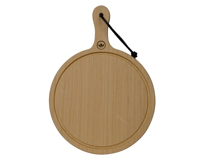 Rundes Schneidbrett aus braunem Naturholz mit Griff und Lederschlaufe, Durchmesser 25 cm, eine Seite mit Saftrille.