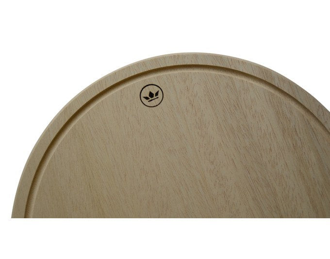 Rundes Schneidbrett aus braunem Naturholz mit Saftrille auf einer Seite und glatter Fläche auf der anderen, Durchmesser 30 cm.