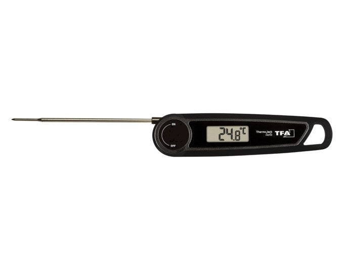 Schwarzes digitales Klappthermometer von TFA mit Edelstahl-Einstechfühler, Display und Aufhängeloch, kompaktes Taschenformat.
