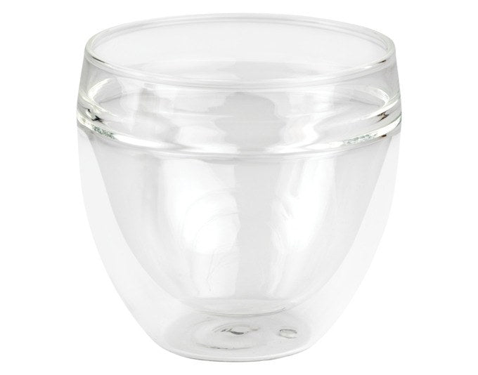 Zwei transparente, doppelwandige Teebecher aus Borosilikatglas von BREDEMEIJER, je 0.2 Liter Fassungsvermögen, mit einwandigem Trinkrand.
