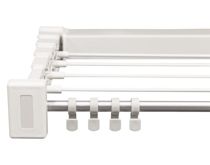 Weisser Wäschetrockner Teleskop Prestige von STEWI, Wandmontage, Aluminium-Schutzklappe, Badetuchstange mit Aufhängehaken, teleskopierbar.