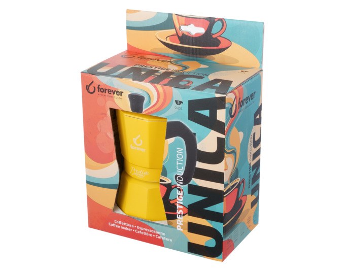 Gelber Moka Kaffeezubereiter von FOREVER mit Edelstahl-Wasserkammer, Nylongriff und Deckelknauf, für drei Tassen Kaffee auf hellem Hintergrund.