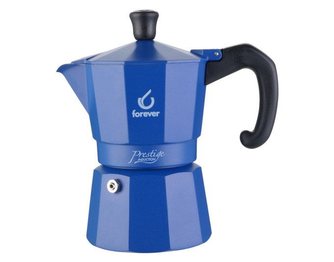 Blauer Moka-Kaffeezubereiter aus Edelstahl und Aluminium mit Nylongriff und Deckelknauf, für drei Tassen Kaffee.