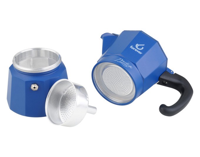 Blauer Moka-Kaffeezubereiter aus Edelstahl und Aluminium mit Nylongriff und Deckelknauf, für drei Tassen Kaffee.