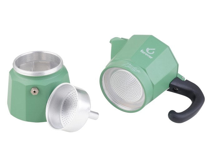 Foto des FOREVER Kaffeezubereiters Moka Prestige Unica in Grün mit Edelstahl-Aussenschicht, Aluminium-Innenkammer und Nylongriff für drei Tassen.