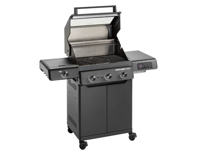 Schwarzer RÖSLE Gasgrill Epicflame Core 3/50mbar mit drei Edelstahlbrennern, Glasdeckel, Seitentisch und Unterschrank mit Schubladen.